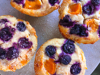 Freshly baked Peach and Blueberry Muffins, Gluten Free and Plantbased