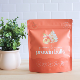 Sneaky Wholefoods Peaches and Cream Protein Ball Mix packet, gluten-free and plant-based, ideal for a high-protein snack