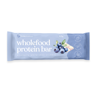 Blueberry White Choc Crumble Wholefood Protein Bar by Sneaky Wholefoods, a nutrient-dense snack perfect as an addition to your breakfast, promoting sustained wellbeing with a delicious blend of natural ingredients