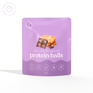 Sneaky Wholefoods Choc Chip Honeycomb Protein Ball Mix, a quick snack solution for chocolate lovers, made with cashews, dates, and pea protein, perfect for prepping your weekly snacks in just 5 minutes