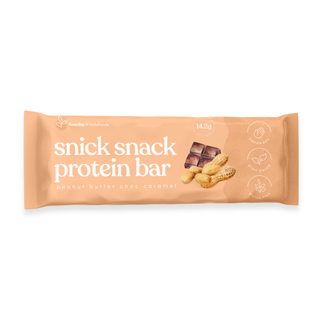 Sneaky Wholefoods Peanut Butter Caramel Snick Snack Protein Bar, a gluten-free, plant-based, high-protein bar made from wholefoods, perfect for healthy indulgence