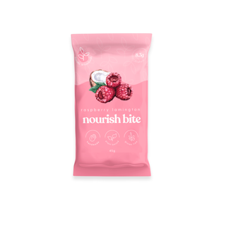 Sneaky Wholefoods Raspberry Lamington Nourish Bite, a gluten-free, plant-based, high-protein snack made with real ingredients, featuring a dessert-inspired flavour packed with nutrients