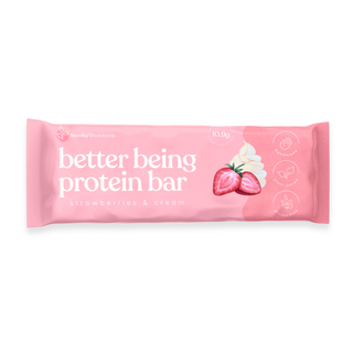 Brightly packaged Sneaky Wholefoods Strawberries and Cream Better Being Protein Bar, gluten-free and plant-based, featuring real ingredients to nourish your active lifestyle