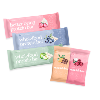 Colorful Sweet Harvest Bundle showcasing Sneaky Wholefoods fruit-flavored protein bars and nourish bites, perfect for satisfying your sweet tooth with nutritious, delicious snacks made from real ingredients