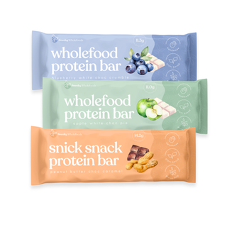 The Wholefoods Protein Bar Bundle packaging, showcasing a collection of signature protein bars, each filled with nutritious ingredients and delicious flavours, perfect for enhancing your daily snacking routine